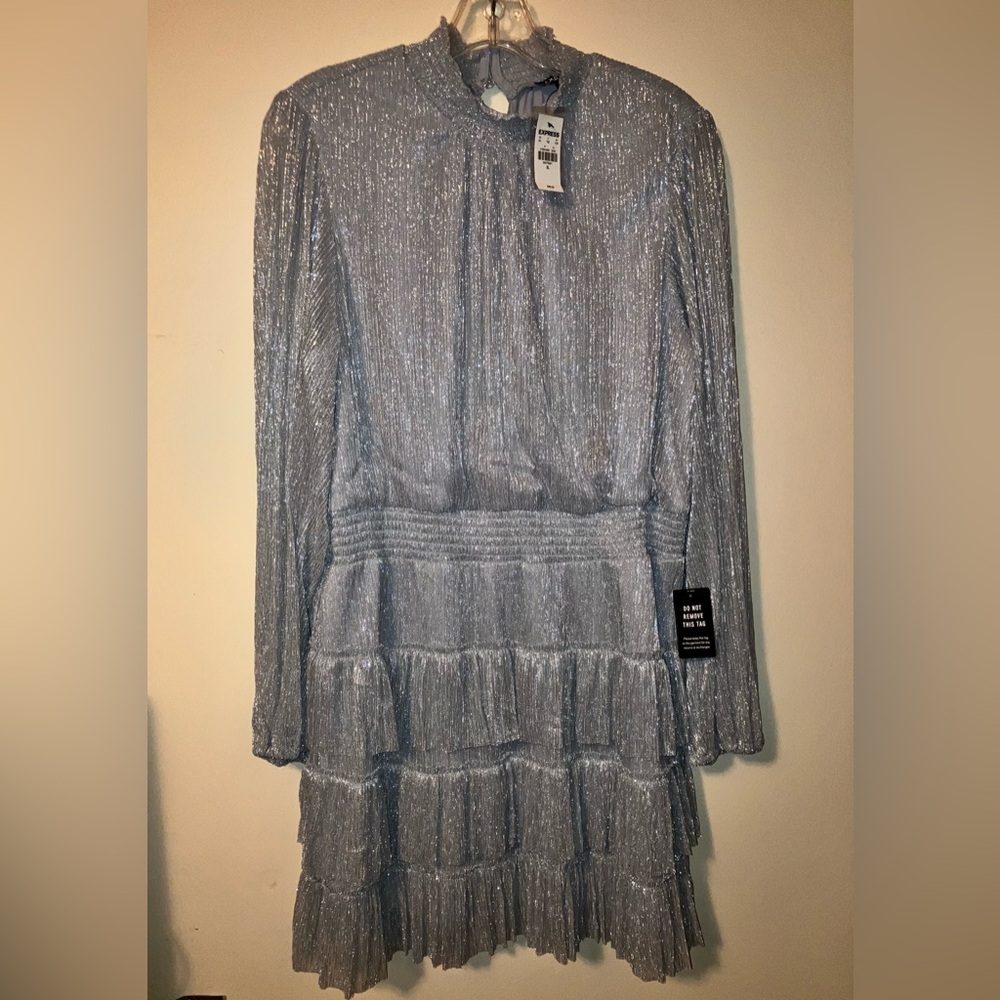 Express NWT Silver Shimmer Tiered Long-Sleeve Dress